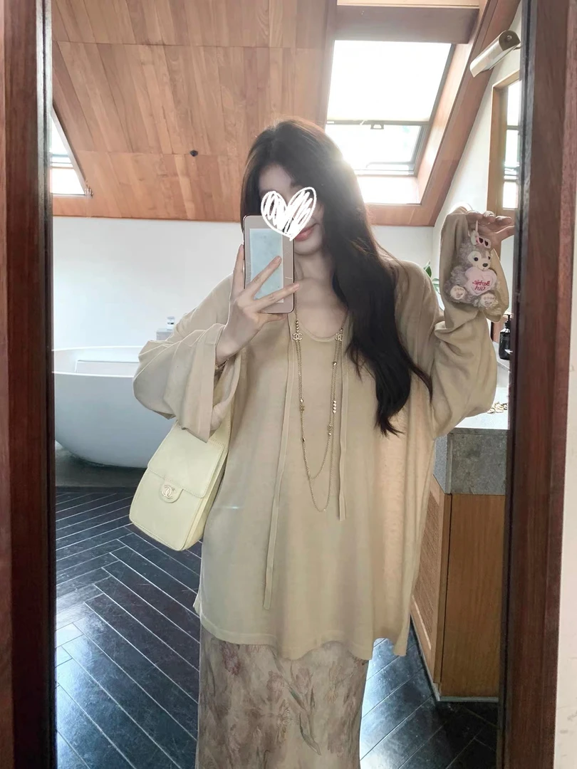 "轻氧纸片人"秋季亚麻长袖罩衫宽松打底衫半裙套装Q329