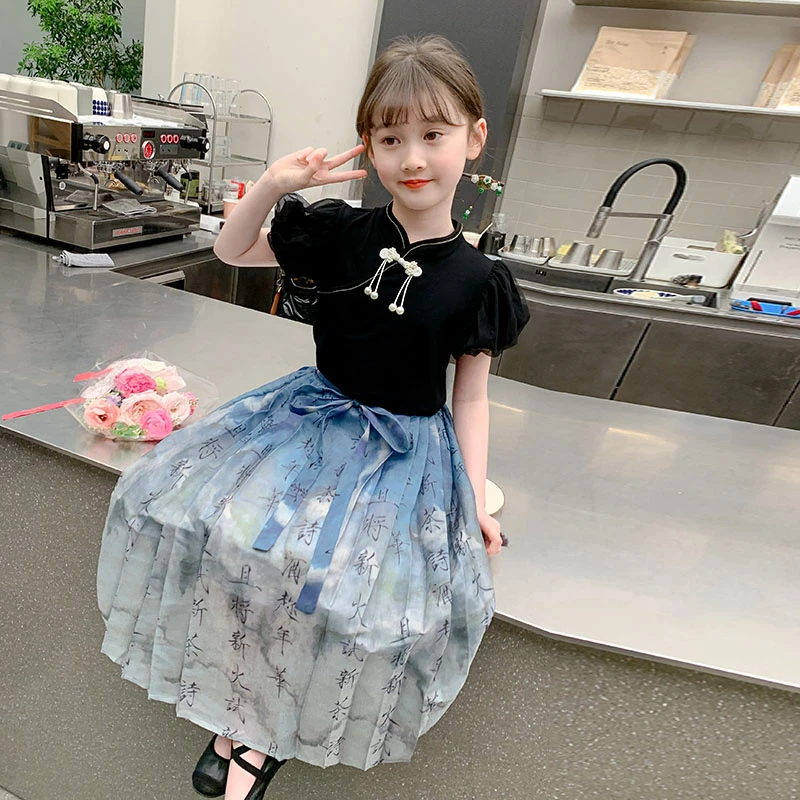 宝宝童装女童茶服新款春秋季儿童套装中大童甜美风印花加厚古装