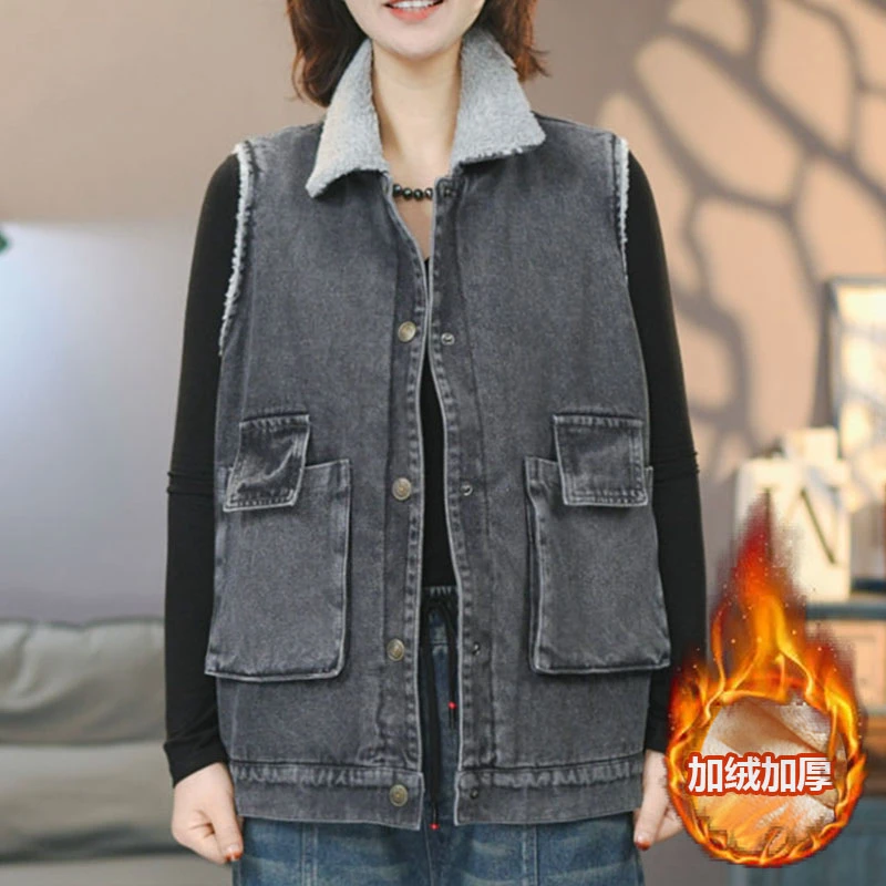 8770黑色#加绒加厚翻领牛仔马甲冬季女士外套文艺风复古妈妈装