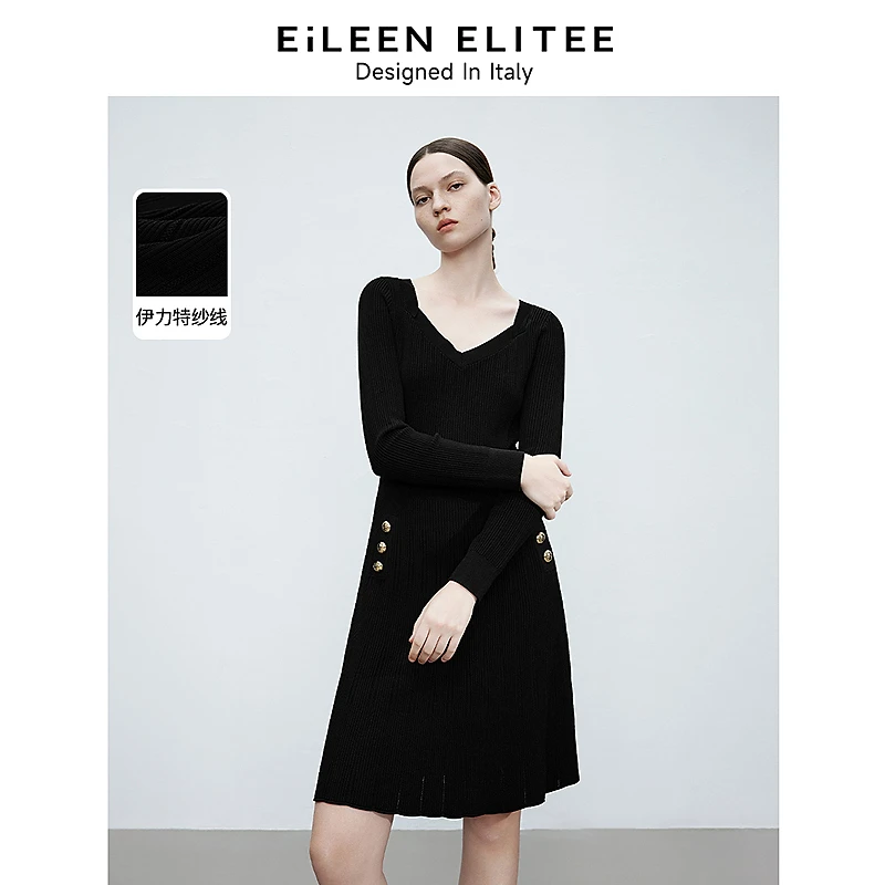 朗姿欧洲EiLEEN ELITEE法式高级感黑色针织连衣裙2025年春欧若风