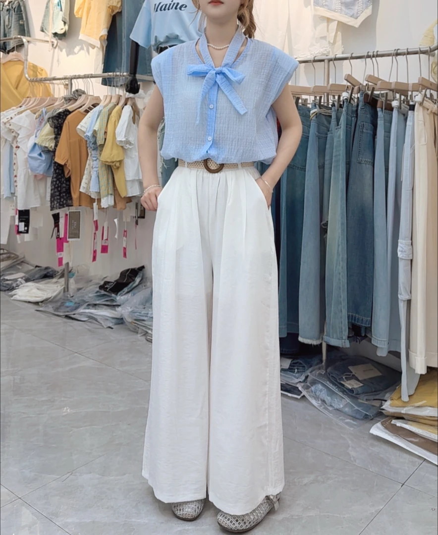 夏季薄款【两姊妹家】垂感冰麻高腰九分阔腿裤女百搭显瘦休闲裤