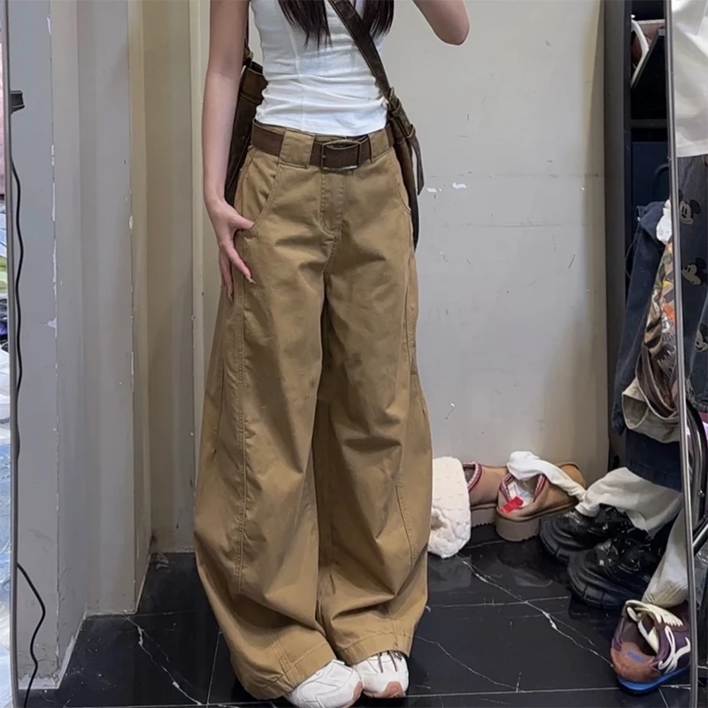 美式复古卡其弯刀阔腿牛仔裤女2025春夏新款高腰宽松显瘦拖地裤子