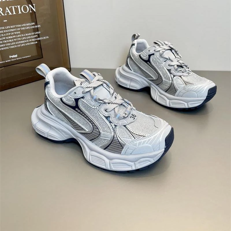 欧洲站2025网红爆款潮流时尚星光水钻老爹鞋增高厚底未来感休闲鞋