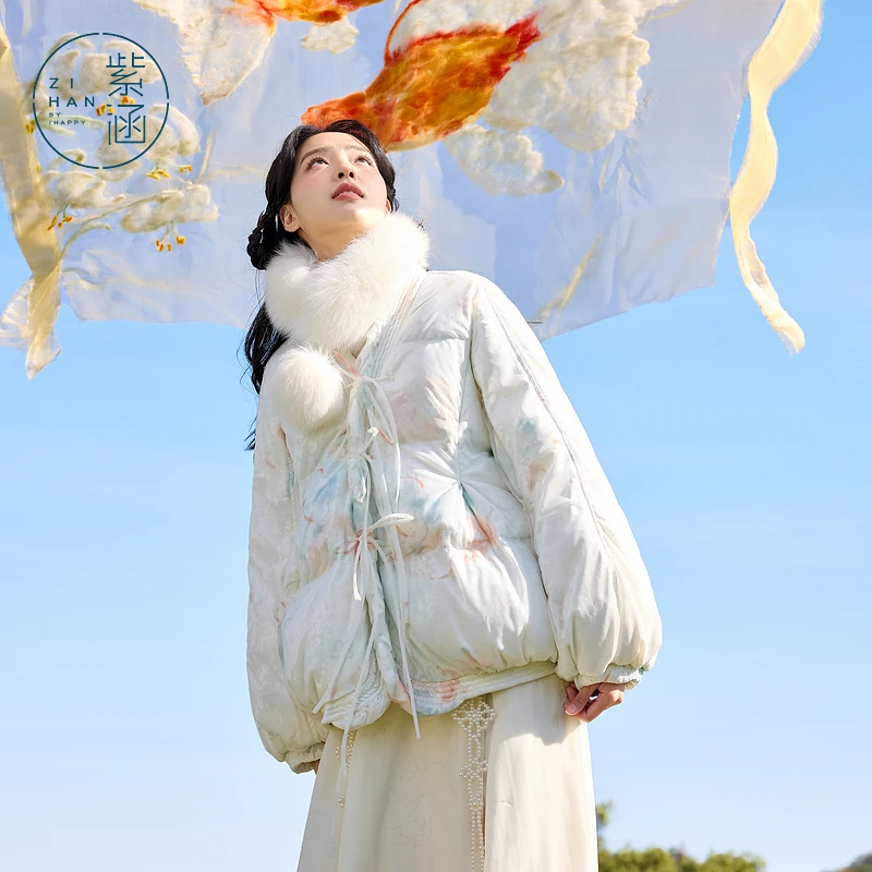 紫涵v领短款网纱印花羽绒服外套女年冬季新款面包服Z4Z11XS807