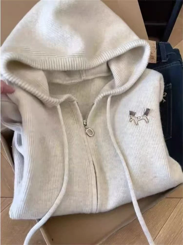 双拉链连帽长袖针织开衫毛衣外套女秋冬韩版休闲慵懒风高级感上衣