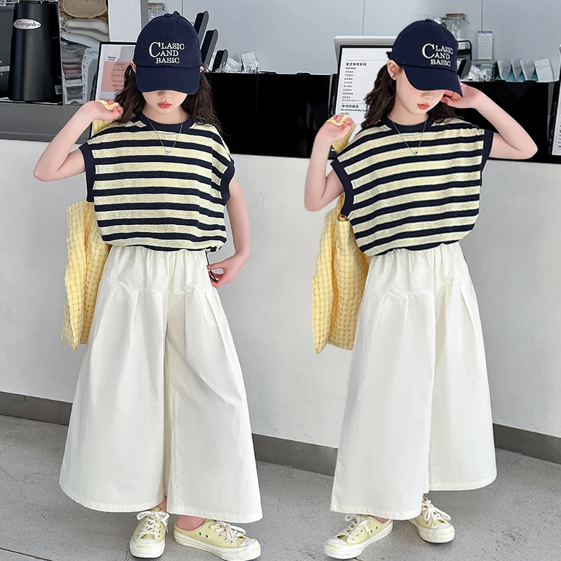 女童韩系夏装条纹短袖阔腿裤套装2025新款女大童时髦宽松两件套潮