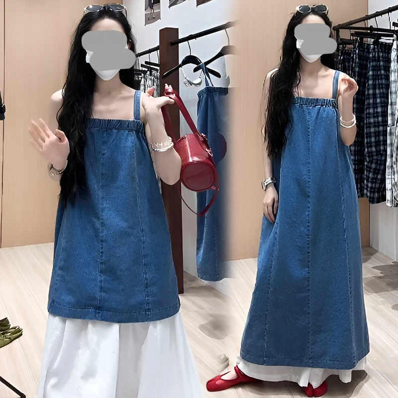 2025夏季新款法式复古设计牛仔抹胸吊带连衣裙女显瘦气质长裙ins