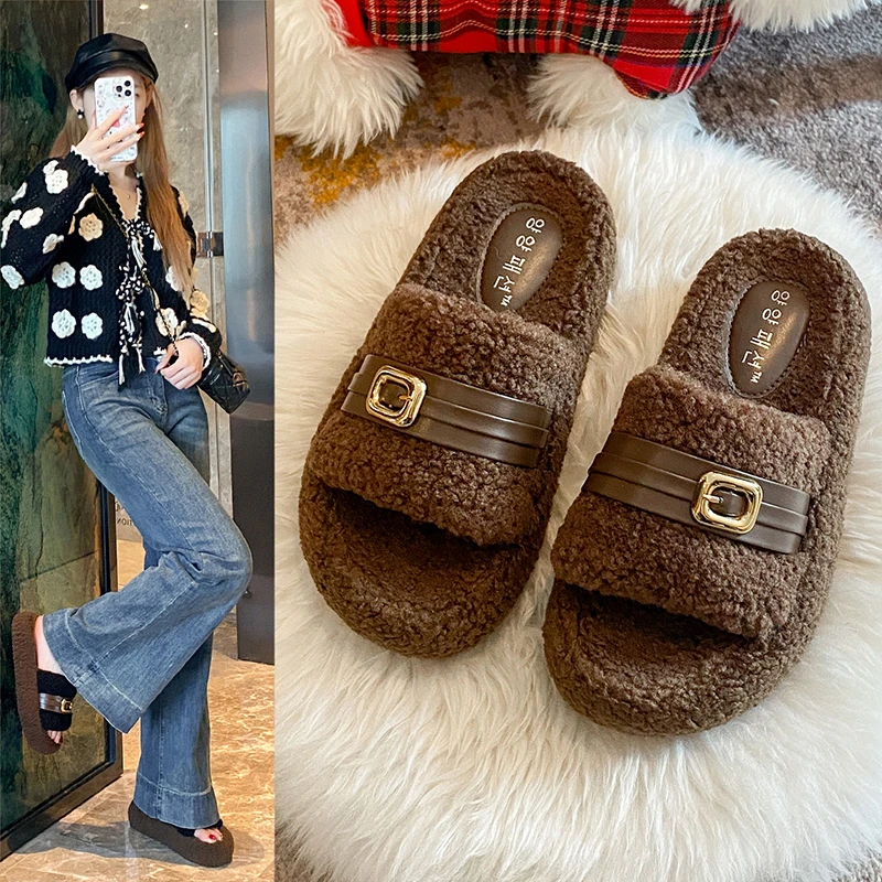 拖鞋女款2025秋季新款厚底金属扣一字棉拖配裙子小香风气质毛毛拖