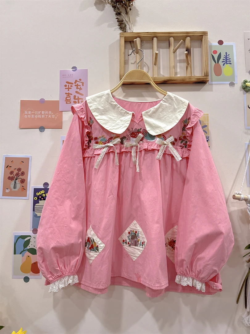 《米粒》53204森系小清新娃娃领木耳边宽松百搭衬衫