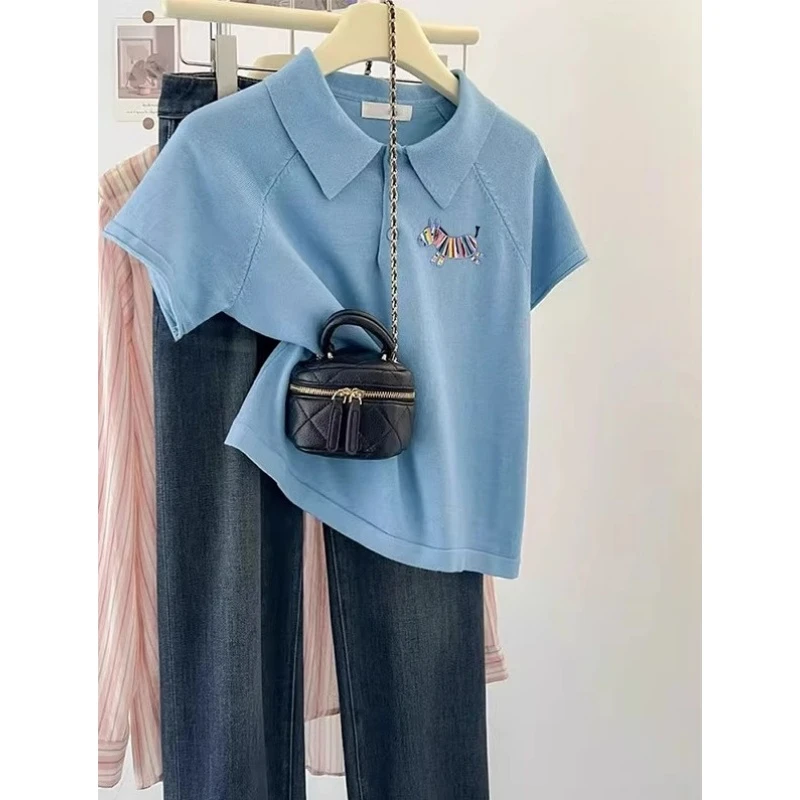 蓝色小马Polo领短款小个子上衣女2025新款爆款夏薄款短袖针织t恤