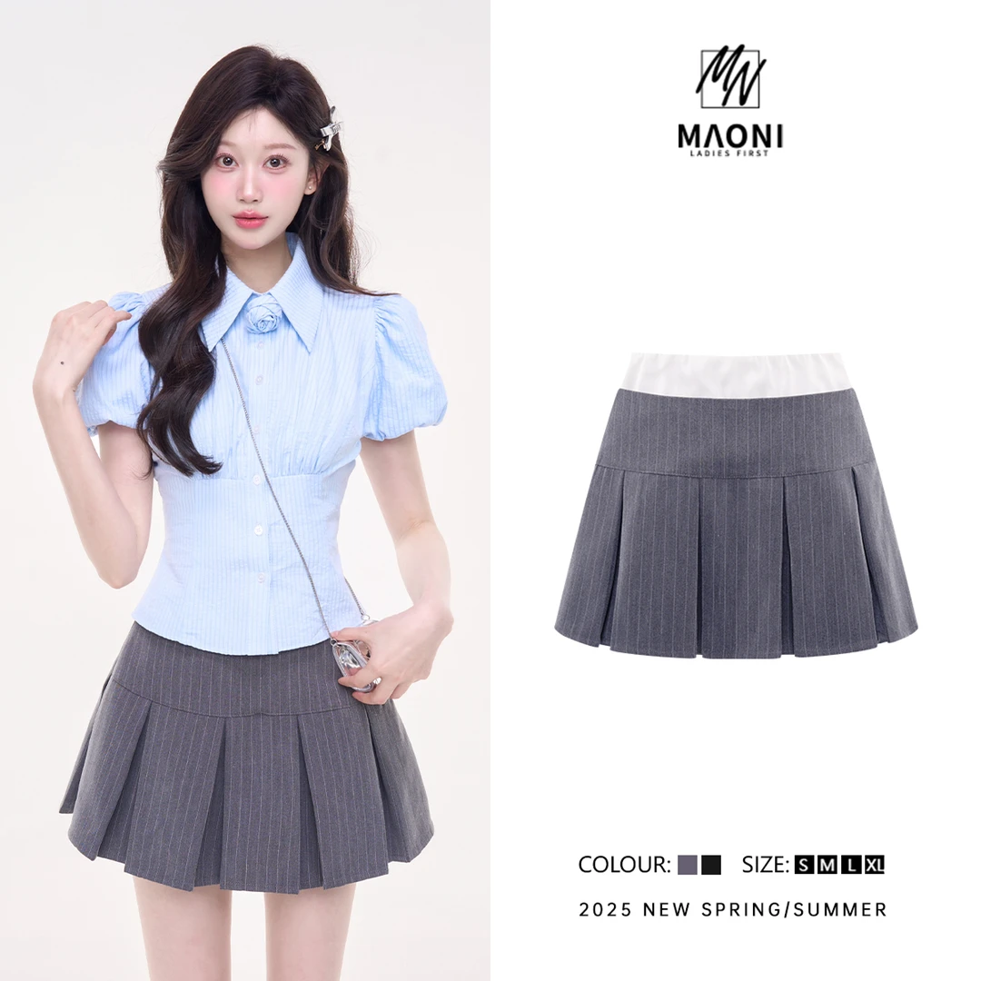 毛妮Peshe【可达茵梦】拼接腰头裤裙辣妹条纹高腰a字百褶裙L1593