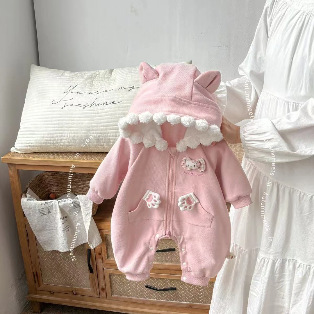 婴幼儿可爱猫咪连体衣2025秋季新款女宝宝韩版洋气连帽外穿爬服潮