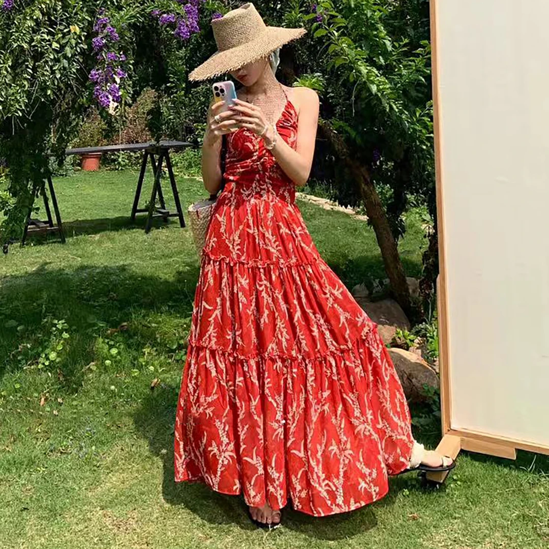 夏季新款度假风碎花大摆高级感气质吊带裙A13273