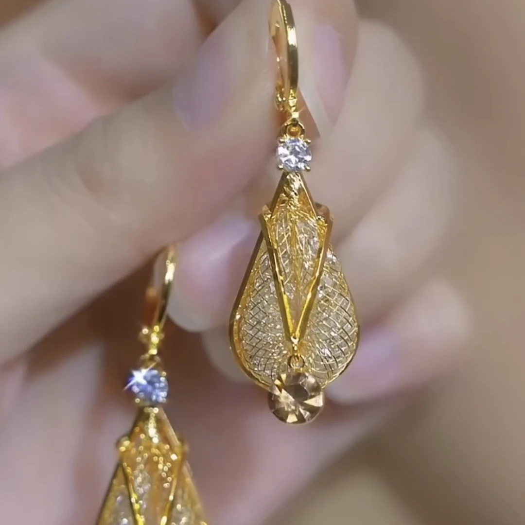 铜合金合成锆石耳饰 小众女日韩宫廷几何形精致金色耳环