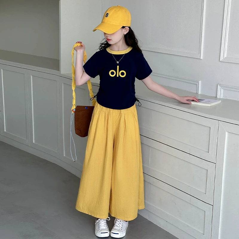 女童套装2025夏季新款儿童韩版洋气时髦短袖T恤九分裤两件套潮