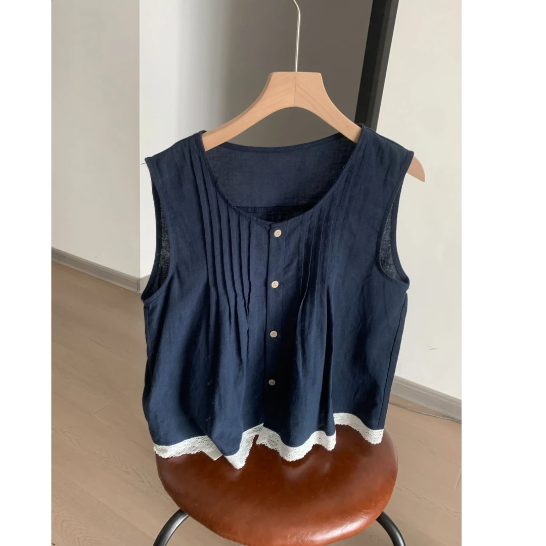 棉麻 ins风韩系高级藏蓝减龄蕾丝拼接无袖背心小衫夏季百搭上衣