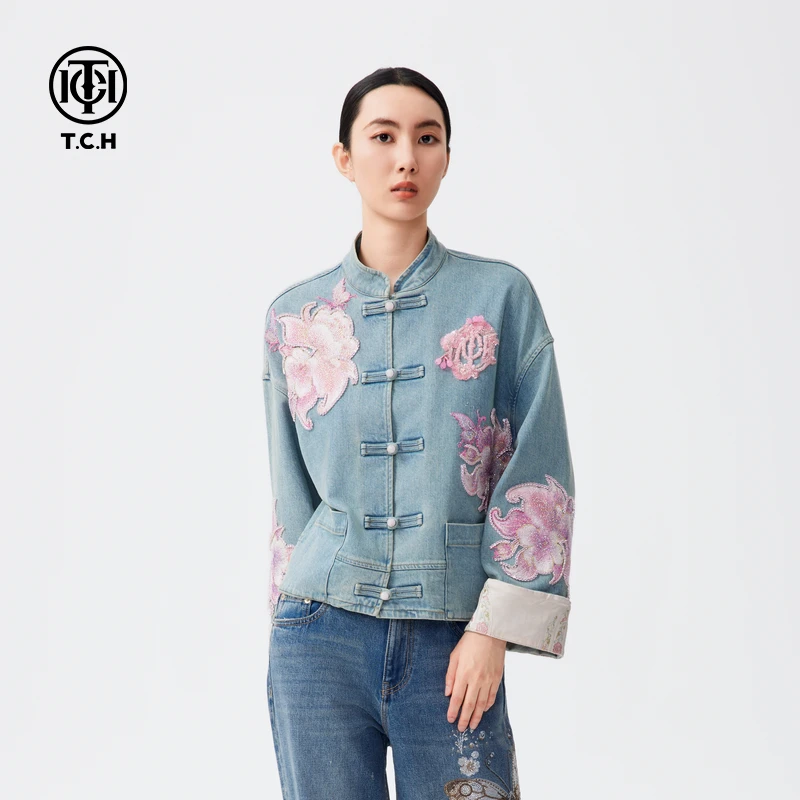 山东TCH-式国风烫钻刺绣宽松洋气时尚做旧衣服牛仔外套T72C068013
