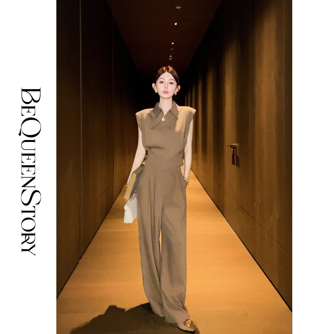 余潇潇【精英气场】透气舒适斜纹翻领垫肩马甲&阔腿捏褶休闲裤