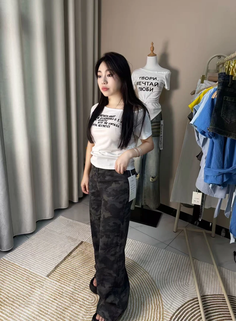 女款春秋高腰显瘦迷彩阔腿直筒垂感拖地牛仔裤