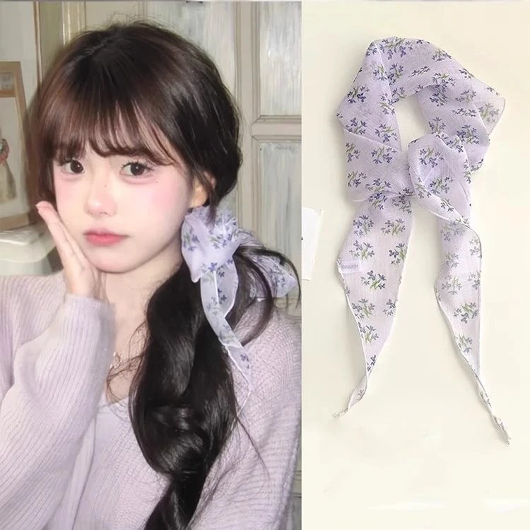 浅春系~清甜小碎花丝巾系脖轻薄纱紫色薰衣草三角巾绑头发配饰女