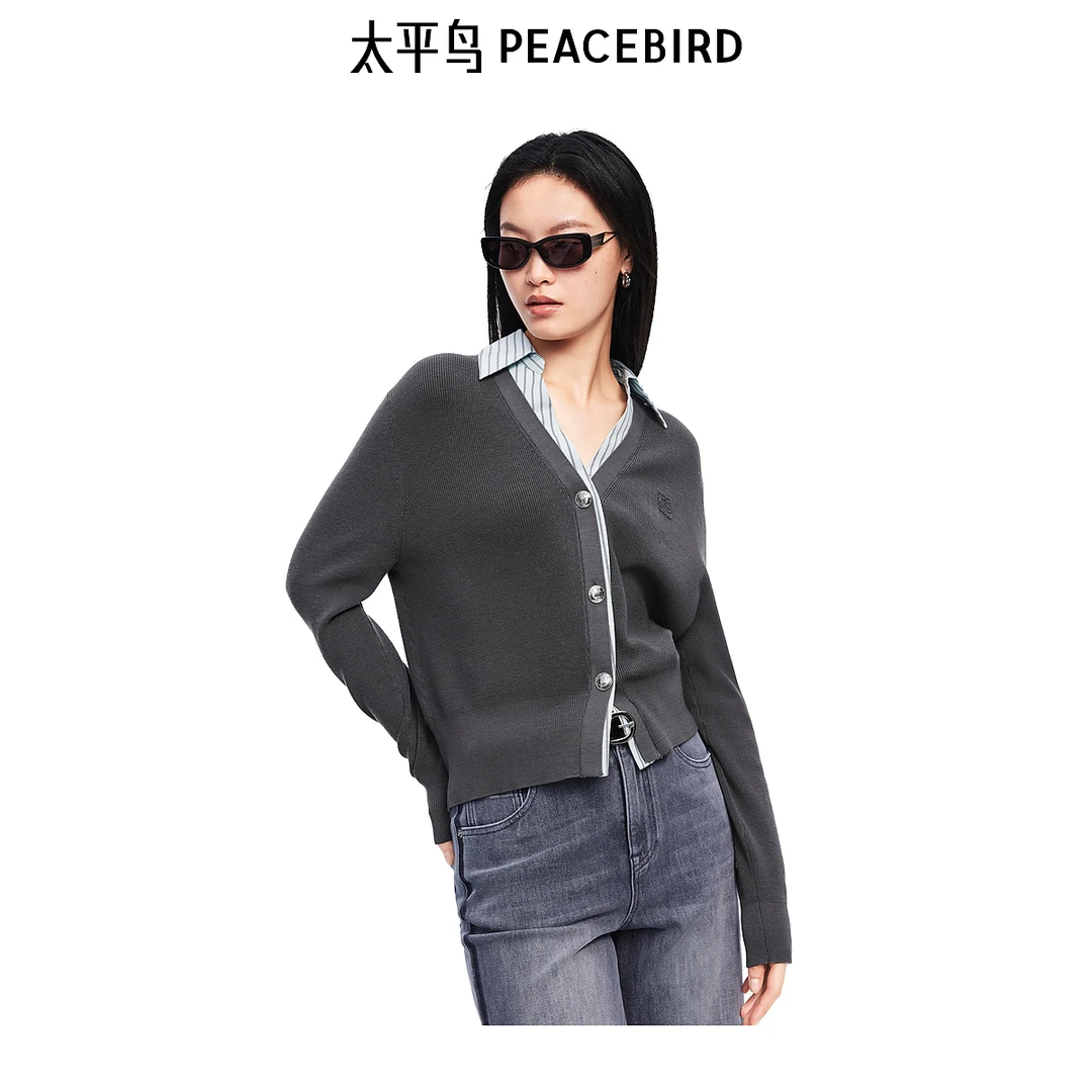 【赵老板专属】太平鸟女装秋新品新款衬衫领相拼开衫A1EDF1314