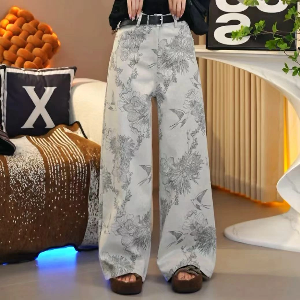 笑歌-复古重工水墨飞鸟提花刺绣牛仔阔腿裤-时尚设计