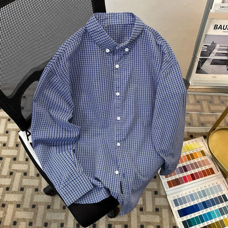 男装美式复古格纹长袖衬衫男春秋季潮牌情侣宽松休闲格子翻领衬
