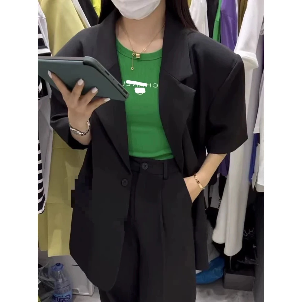 秋季黑色五分袖西装外套女2025韩系设计感小众宽松休闲外套