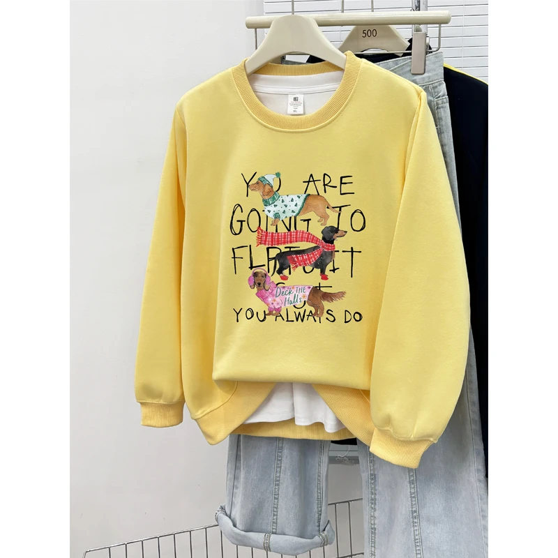 黄色腊肠小狗印花正肩卫衣女秋冬2025年新款宽松大码加厚圆领上衣