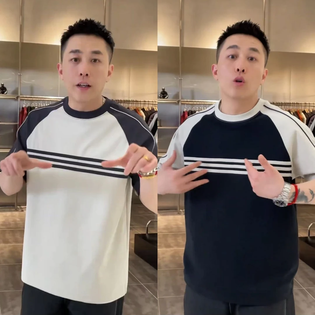 新主流同款夏季新款高品质插肩撞色圆领短袖百搭舒适条纹休闲半袖