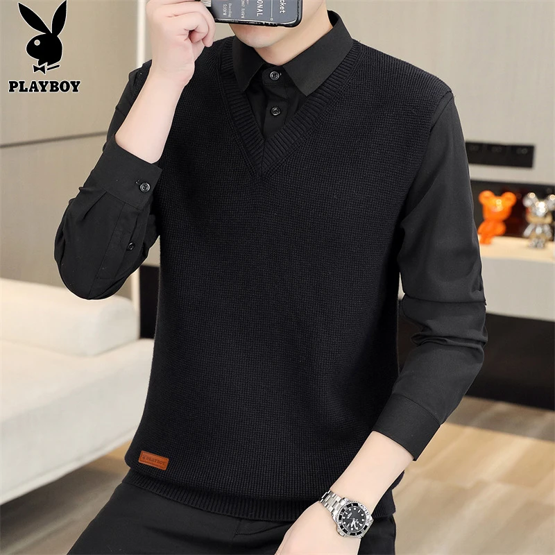 花花公子假两件毛衣男士打底春秋新款线衣休闲百搭针织衫上衣服男