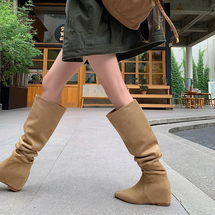 秋冬绒面皮靴尖头内增高高跟高筒靴女杏色棕色瘦瘦靴堆堆靴长筒LB