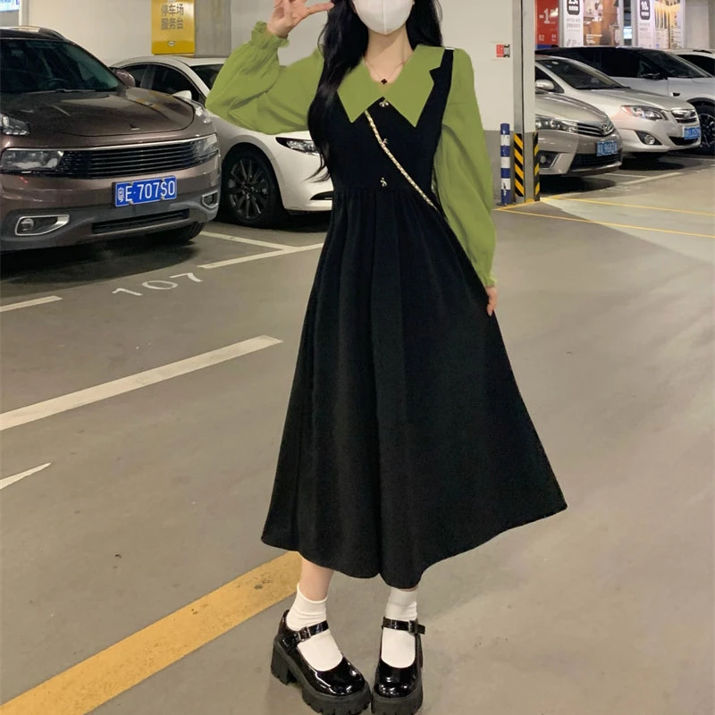 2023绿色垂坠感假两件长袖连衣裙女装裙子胖mm遮肚显瘦休闲长裙