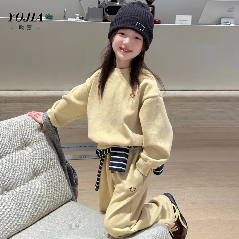YOJIA女童套装冬季2025新款洋气宽松童装加绒加厚儿童两件套冬装