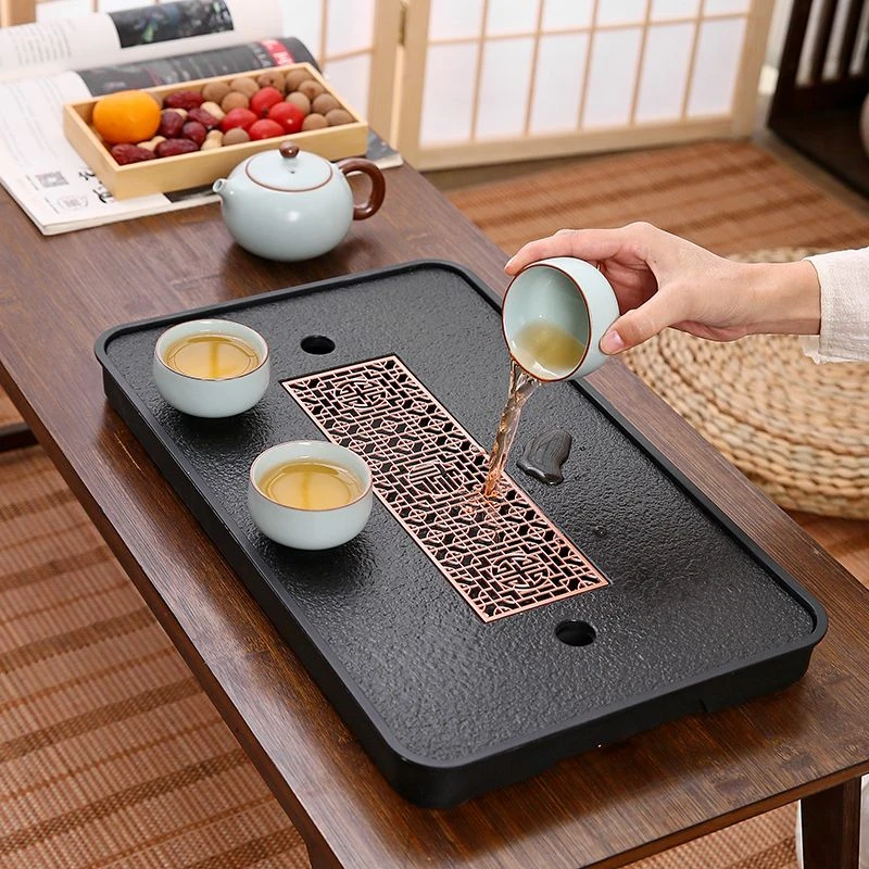 轻奢家用仿乌金瓷石茶盘茶具茶盘小型茶台储水排水式干泡台乌金石