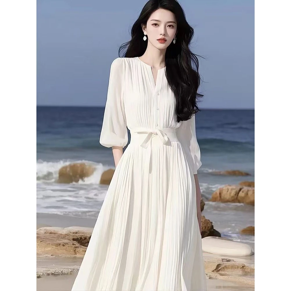 千语栀【浮云玉白】大方得体法式白色长裙气质高级感白色雪纺连衣裙