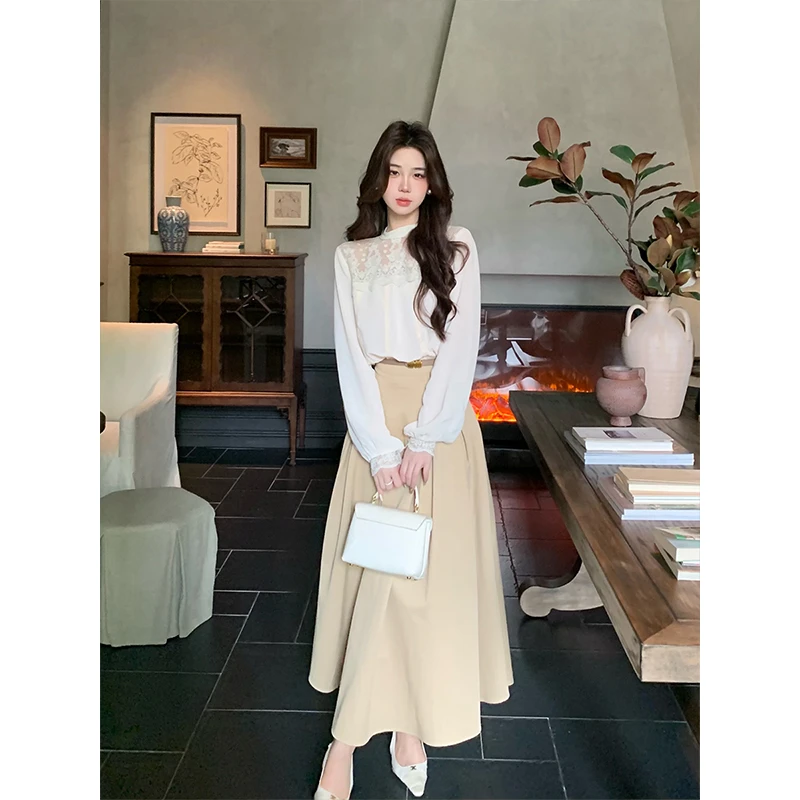 木子李的李【浅月柔裳】蕾丝拼接立领灯笼袖长袖上衣高腰半身裙套装