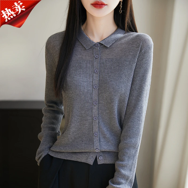 哥弟阿玛施正品轻职风翻领抽条长袖针织开衫气质针织衬衫上衣外搭