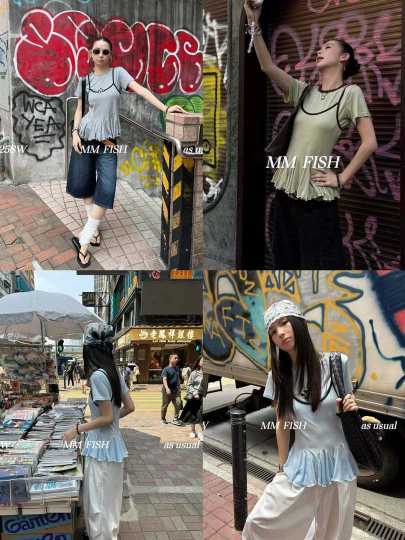 馒头（1mtt191#）是真两件！木耳边吊带+修身T恤 4-19