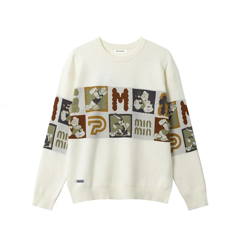马克华菲秋季冬针织衫图案印花休闲宽松潮流复古毛衣圆领套头上衣