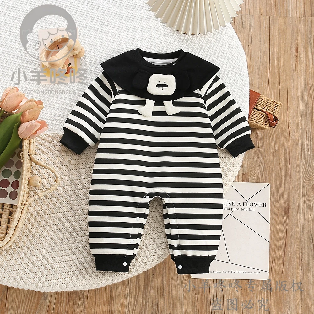 春秋款奥利奥小奶汪男女宝条纹套头棉质韩版洋气长袖婴幼儿连体衣