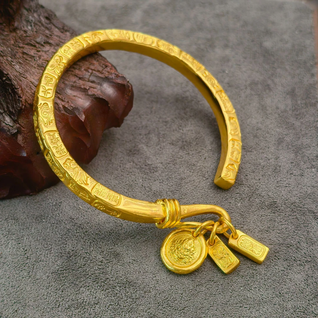 足银手镯 筷子吉言绕丝黄财开口手镯时尚百搭复古大气