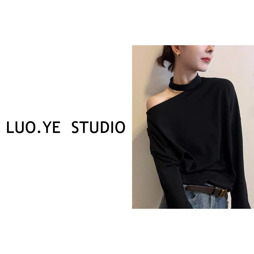 罗爷 · 【彼岸花开】法式露肩挂脖上衣T恤斜肩气质显瘦欧货休闲百搭