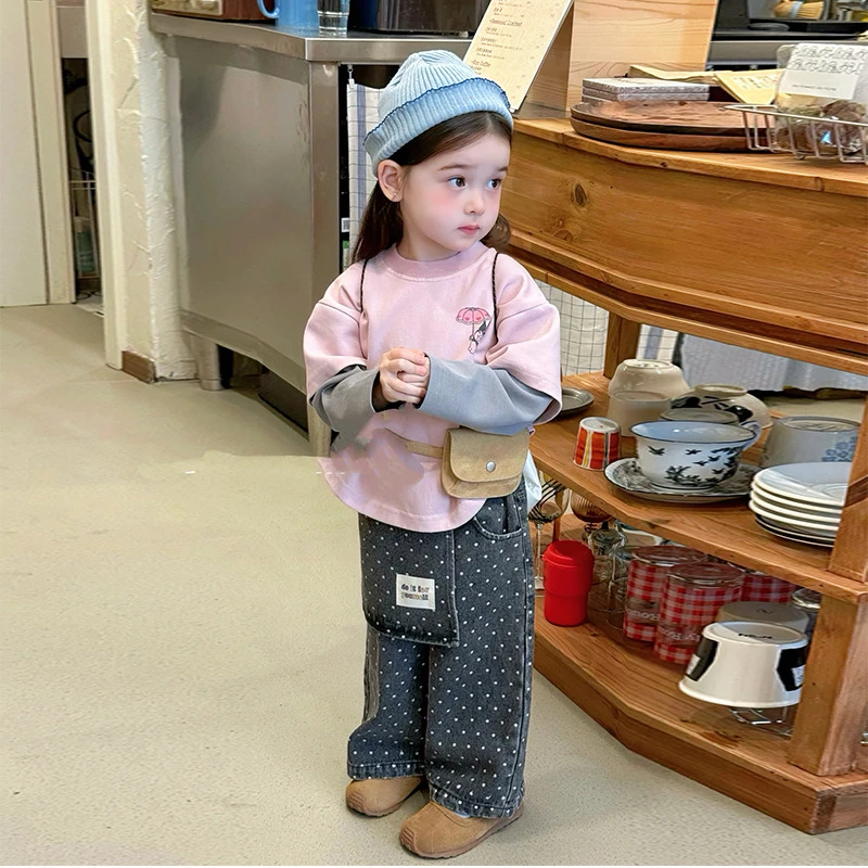 儿童套装2025秋季新款儿童库洛米插肩袖上衣韩版波点屁帘裤两件套