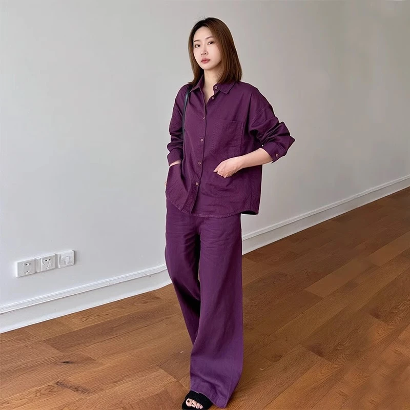 时尚洋气穿搭棉麻休闲套装女2025夏新款显瘦紫色衬衫阔腿裤两件套