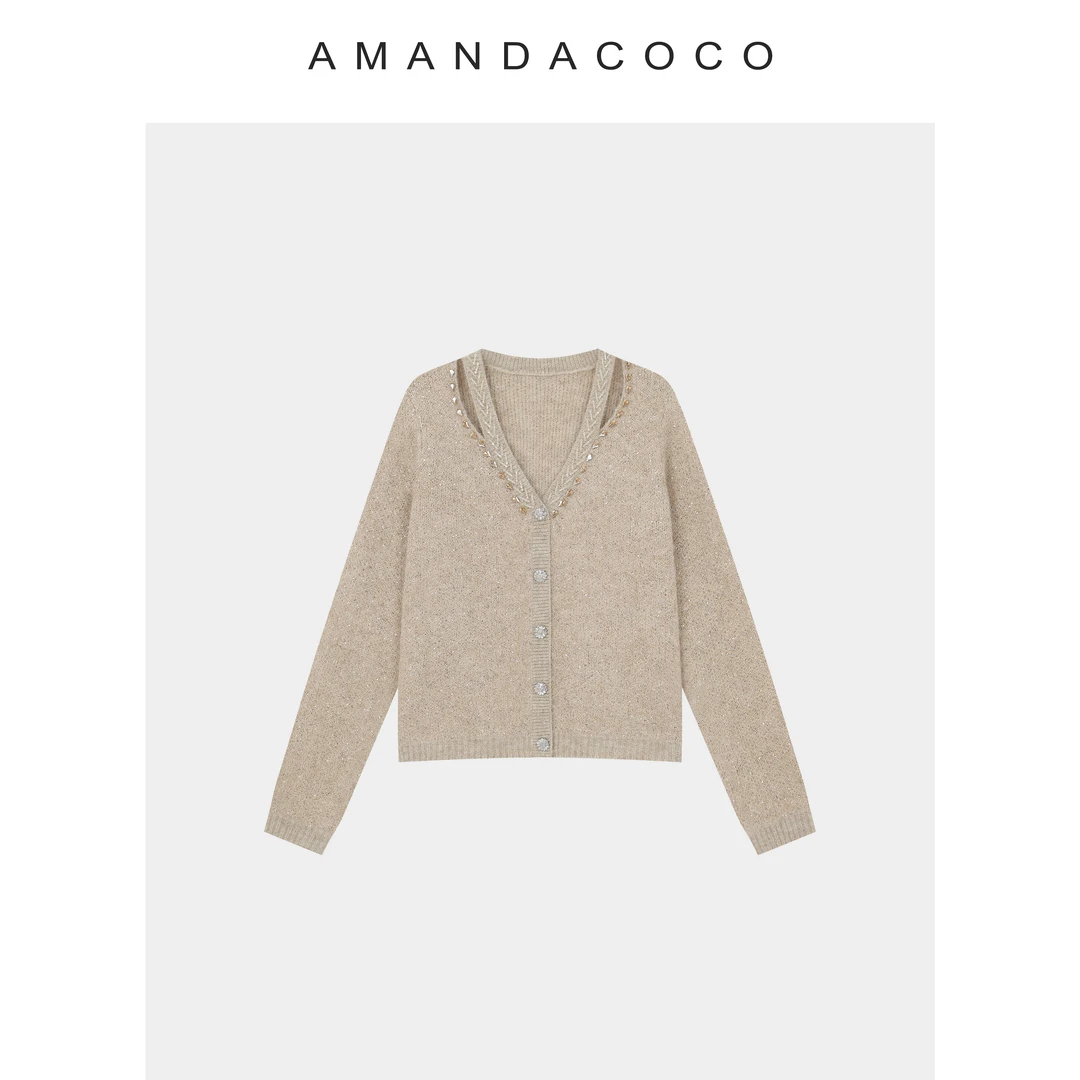 法式小调～25秋冬轻奢v领串珠闪闪亮片氛围感针织衫