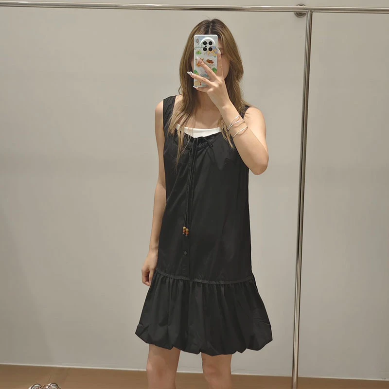 AVVENN2025夏季设计师新品时尚无袖连衣裙拼接荷叶款下摆裙子