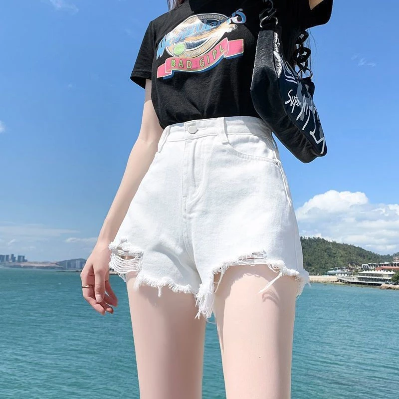 白色毛边破洞牛仔短裤女2024夏季宽松高腰显瘦阔腿辣妹a字热裤ins