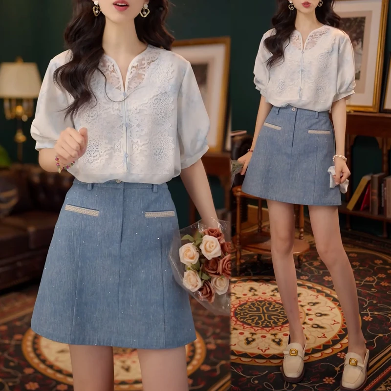 气质时尚短袖上衣短裙休闲套装2025夏新款轻奢小众高级感女装套装