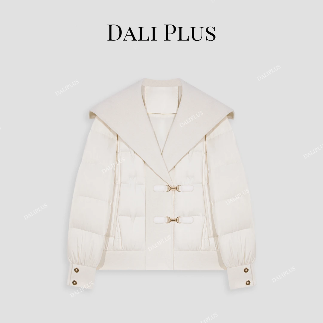DALI PLUS海军领双面呢拼皮马衔扣鸭绒服短款羽绒服-D4CH0127